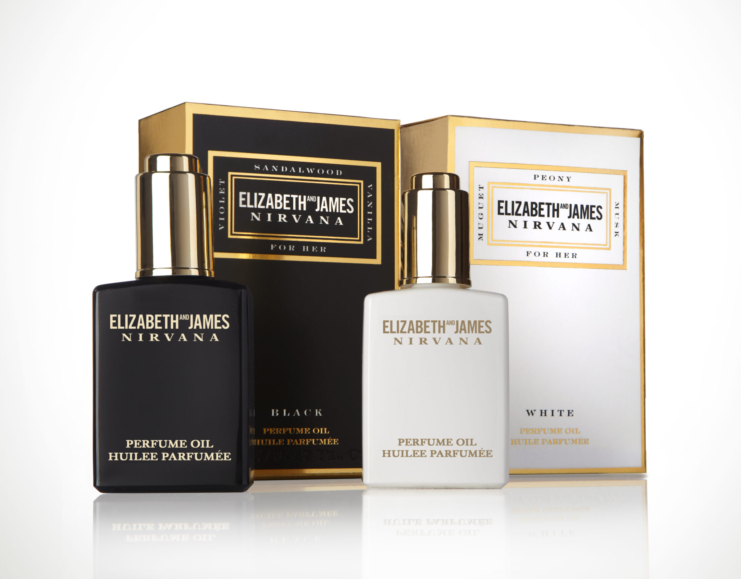 Angled shot Elizabeth and James perfume in dropper, Nirvana White and Black with packaging