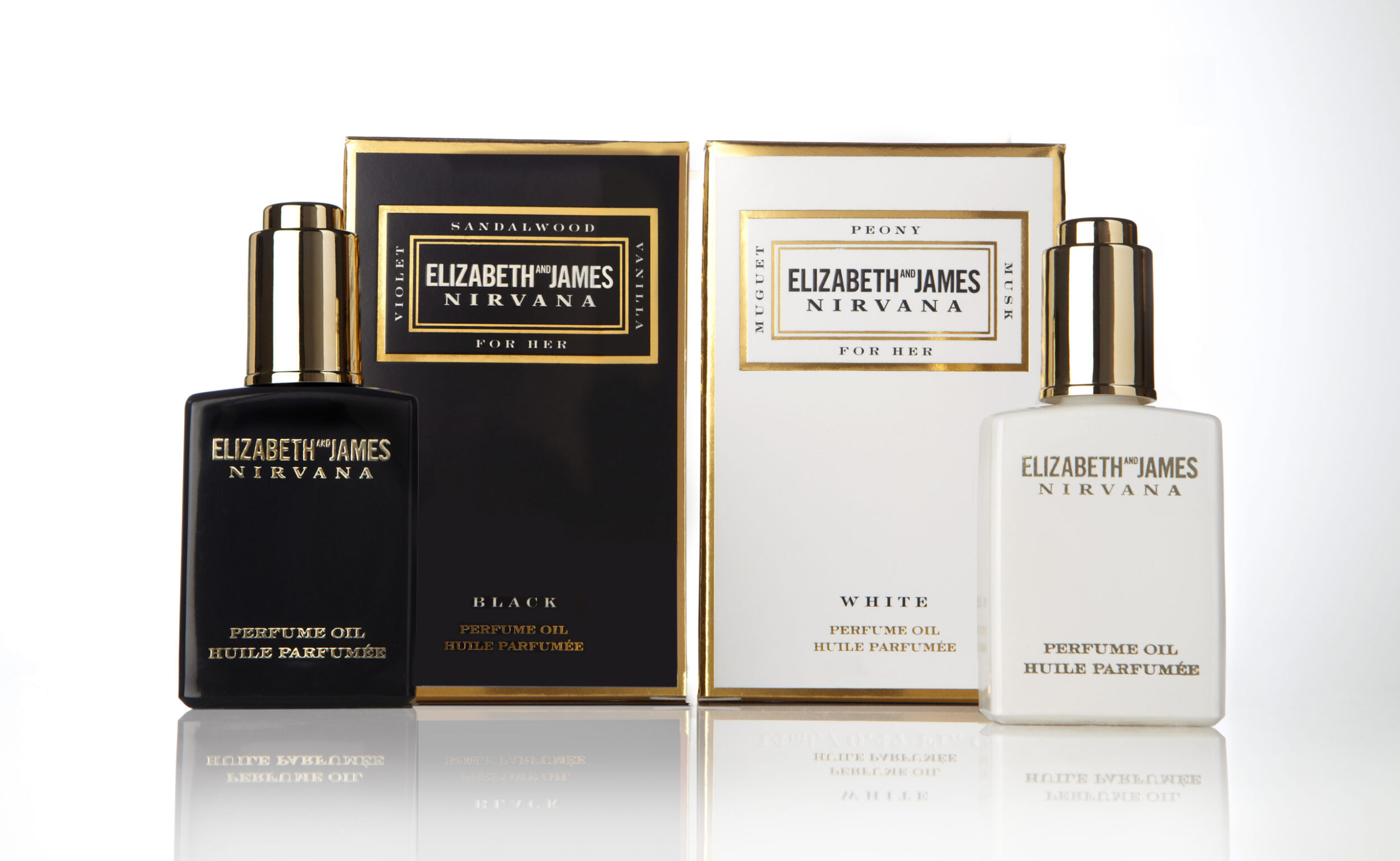 Elizabeth and James perfume in dropper, Nirvana White and Black with packaging